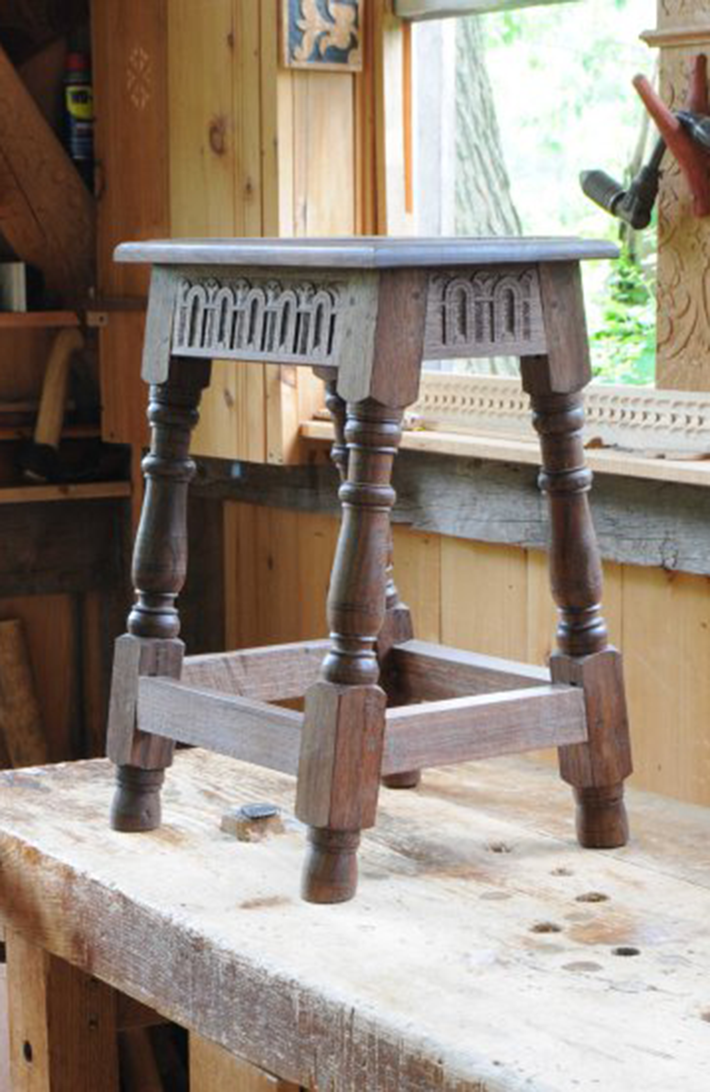 Intricate wood stool by Peter Follansbee