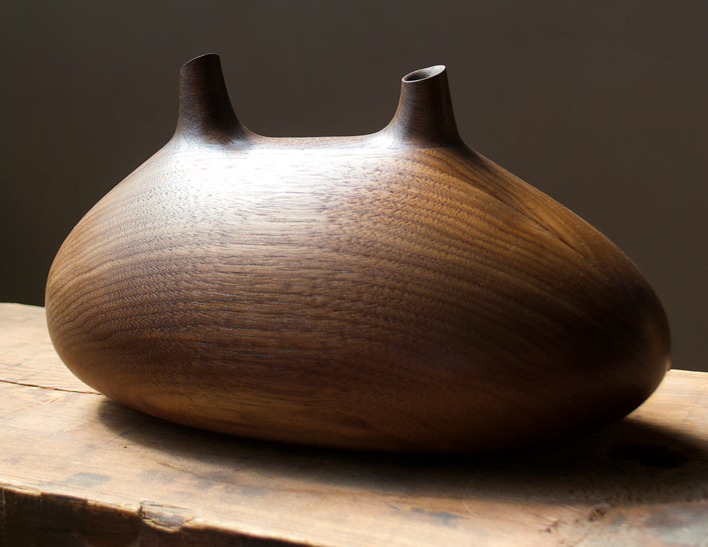 Oblong wood vessel with two small necks