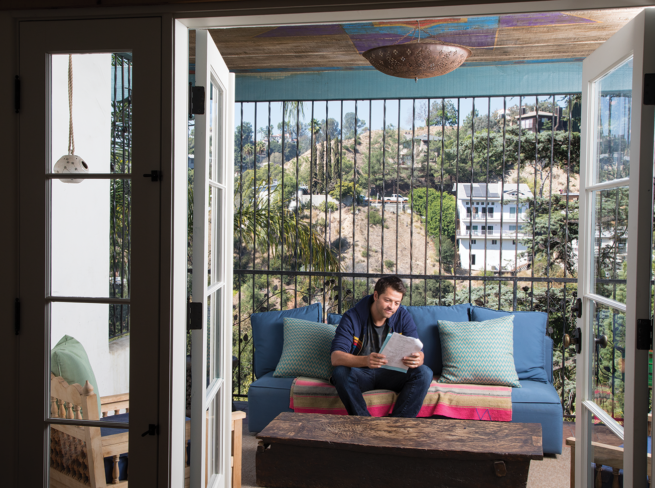 Misha Collins on his third-story porch, which has a Moroccan-inspired ceiling