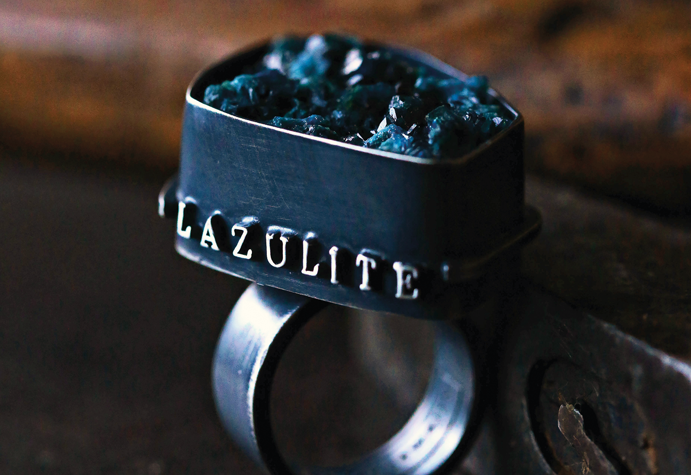 Sterling silver ring with lazulite and 18k detail