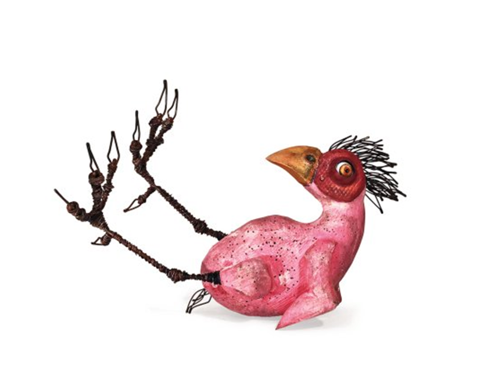 Whimsical pink chicken sculpture