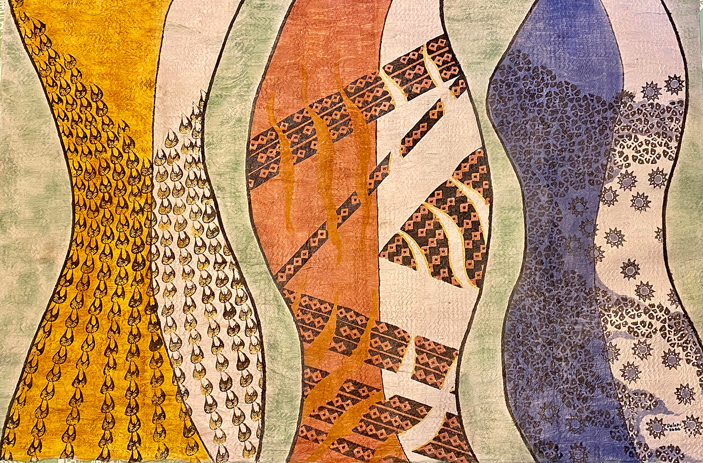 Kapa bark cloth piece representing three Hawaiian goddesses.