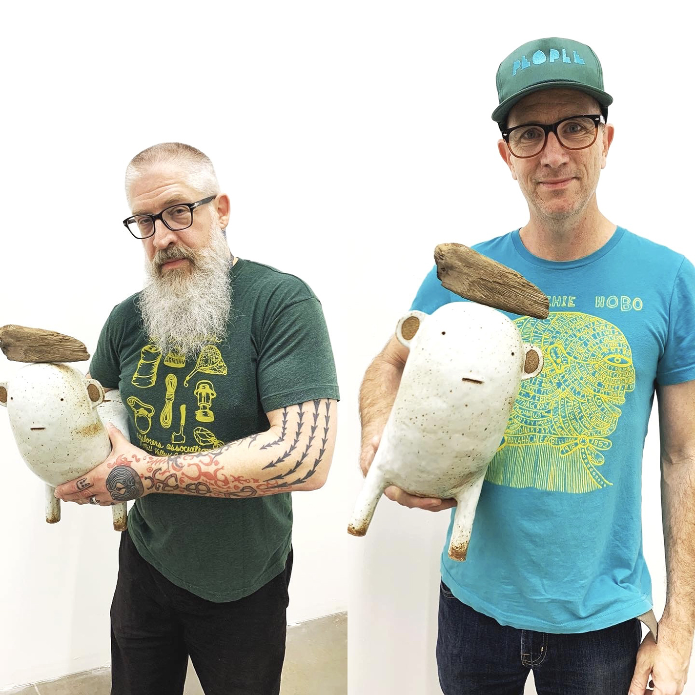 Aaron Smith holds a sculpture by Godeleine de Rosamel. Mark Todd with the same sculpture.