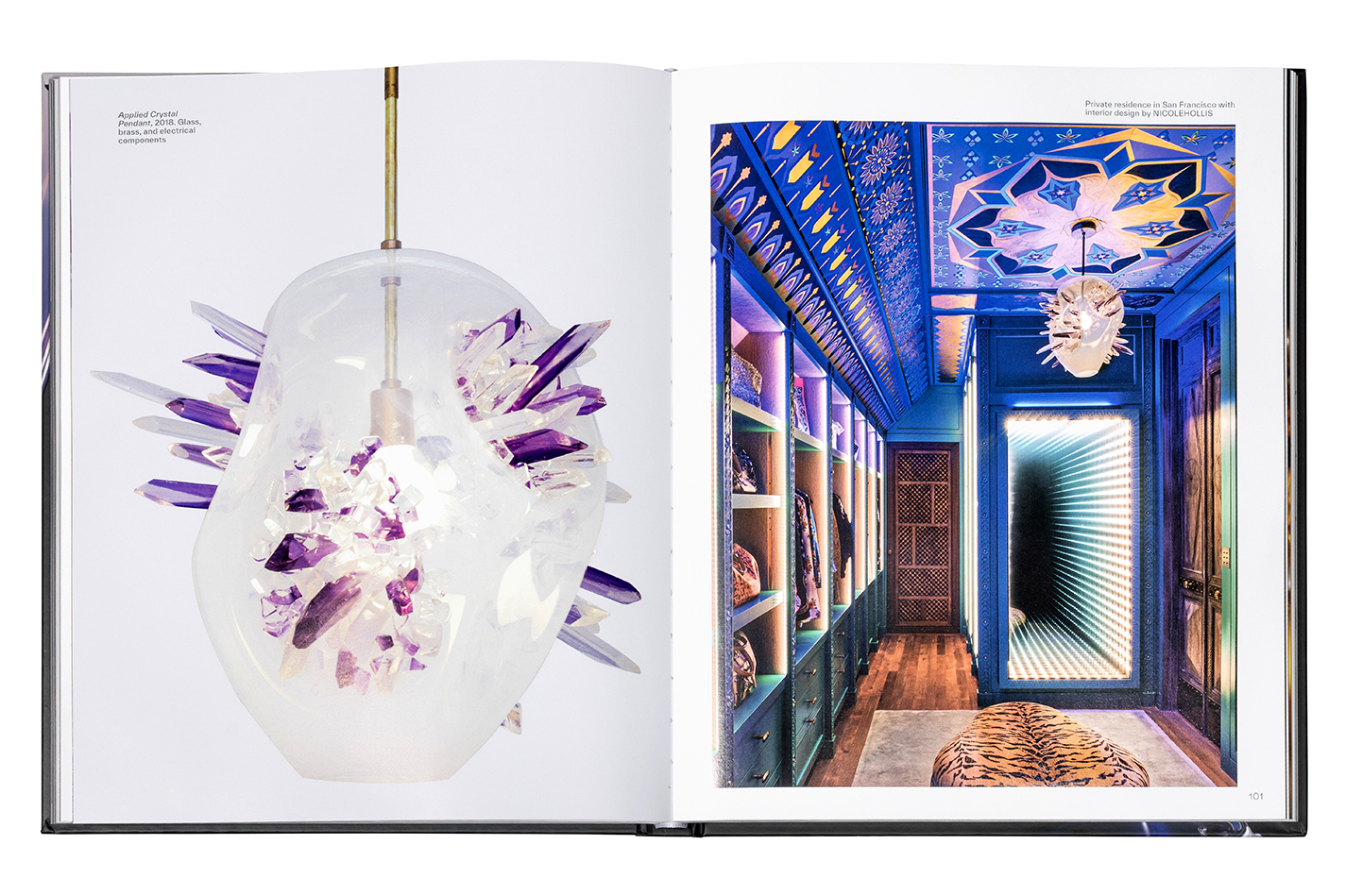 Detail from inside of book showing translucent glass light fixture studded with stalagmite shapes.