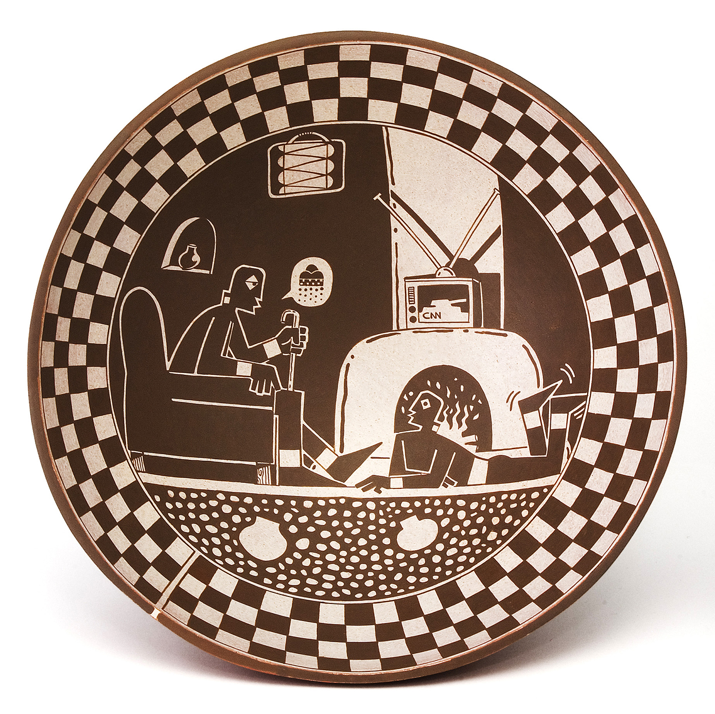 Carved ceramic plate by Diego Romero