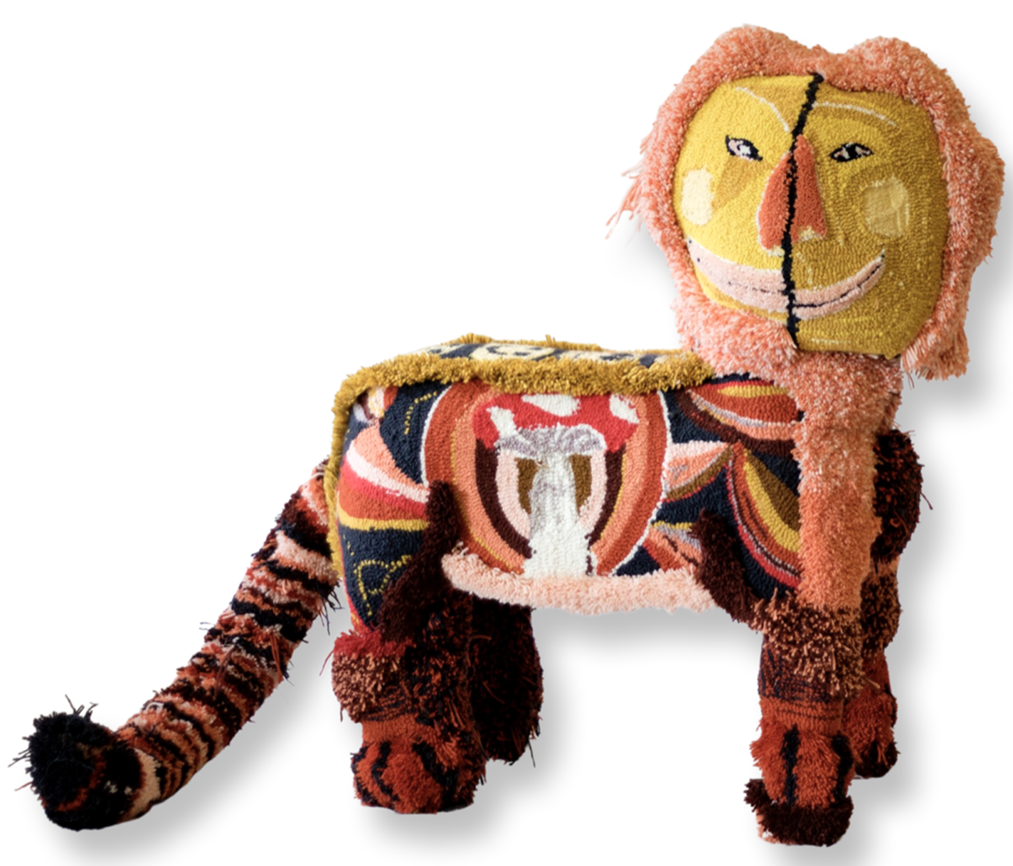 Lion sculpture made of tufted wool upholstered onto a wooden stool.