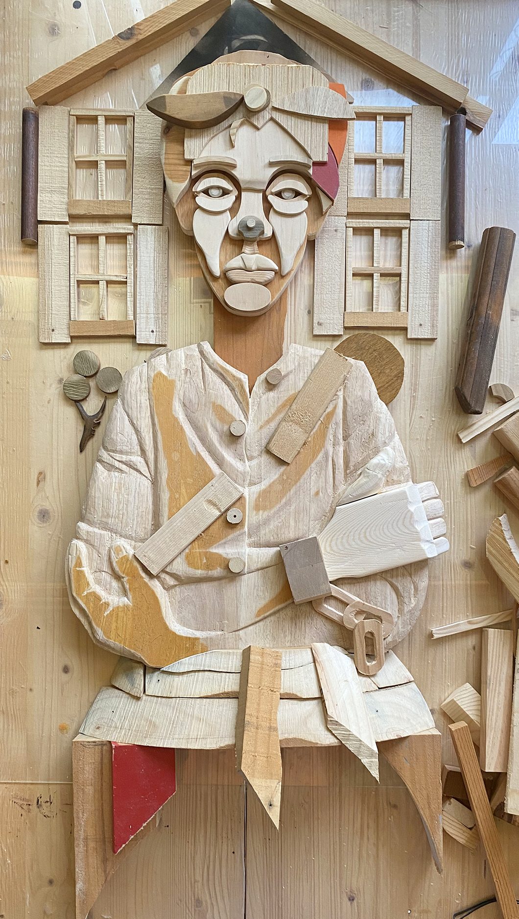 In-progress wood collage portrait