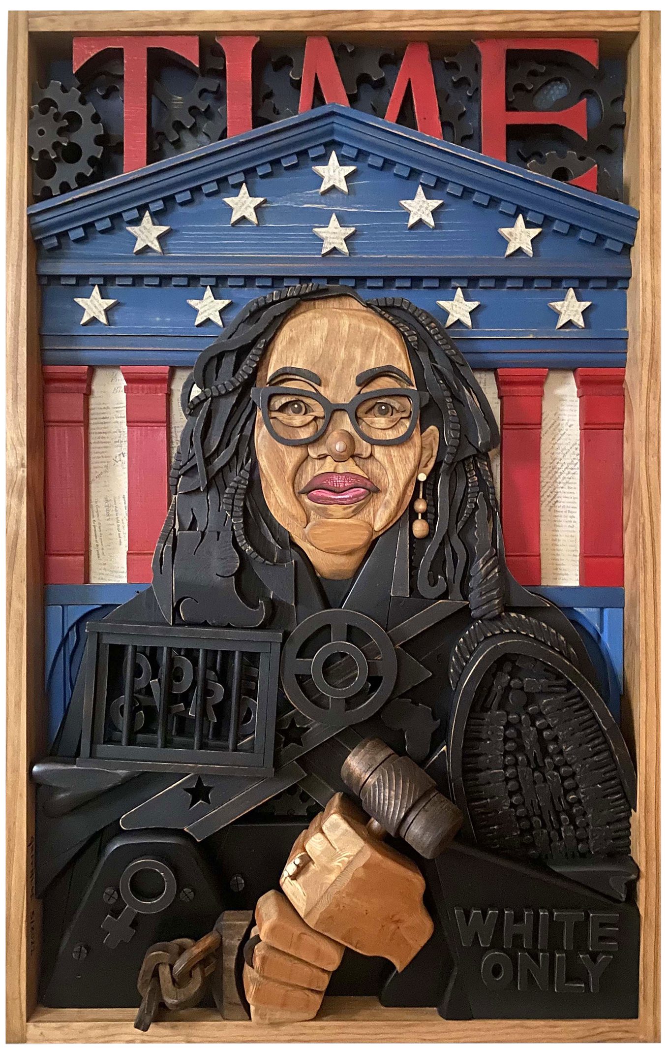 Wood collage depicting justice Ketanji Brown Jackson on the cover of Time Magazine
