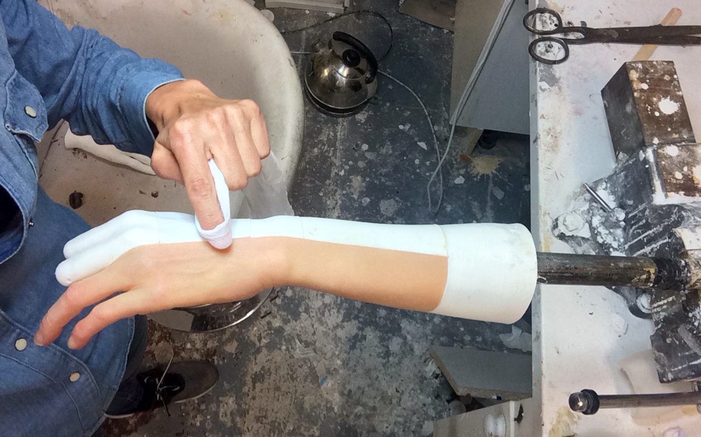 Silicone molded from a digital scan of Knox’s right arm.