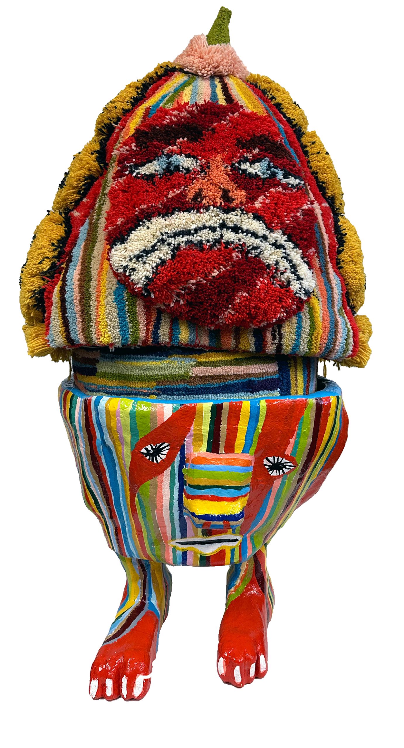 Colorful fiberglass resin sculpture with feet and face, upholstered with hand-tufted wool.